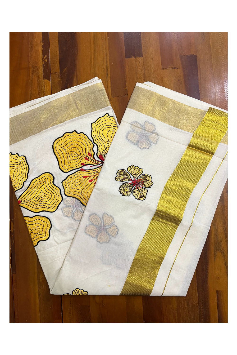 Kerala Cotton Kasavu Saree with Yellow Floral Embroidery Works