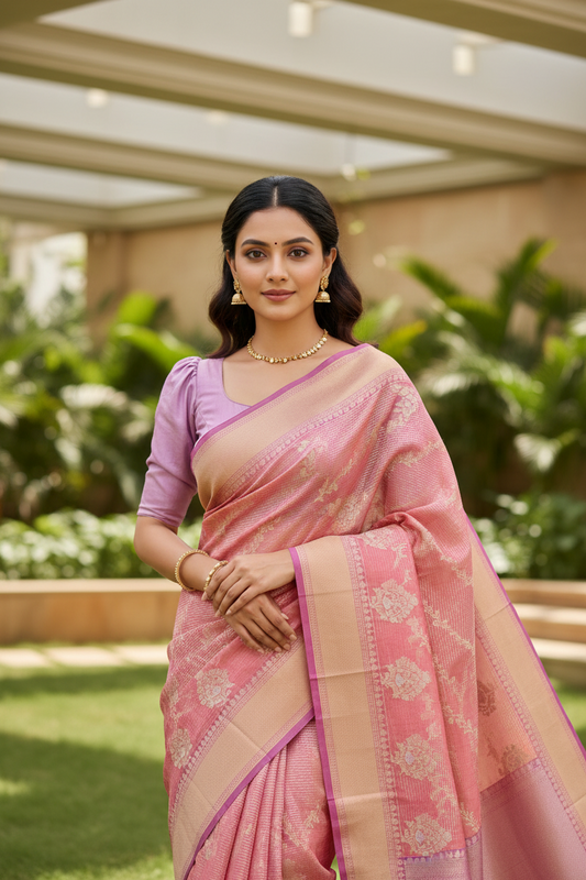 Southloom Tissue Banarasi Silk Saree with Woven Work on Body and Borders (Peach)