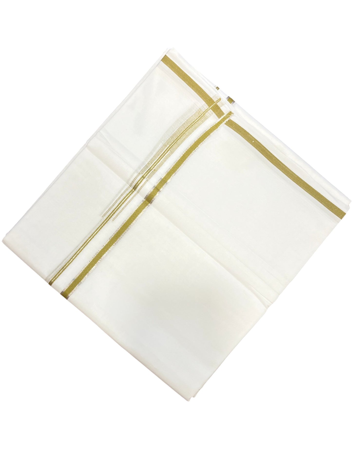 Pure White Cotton Double Mundu with Silver and Green Chutti Kara (South Indian Dhoti)