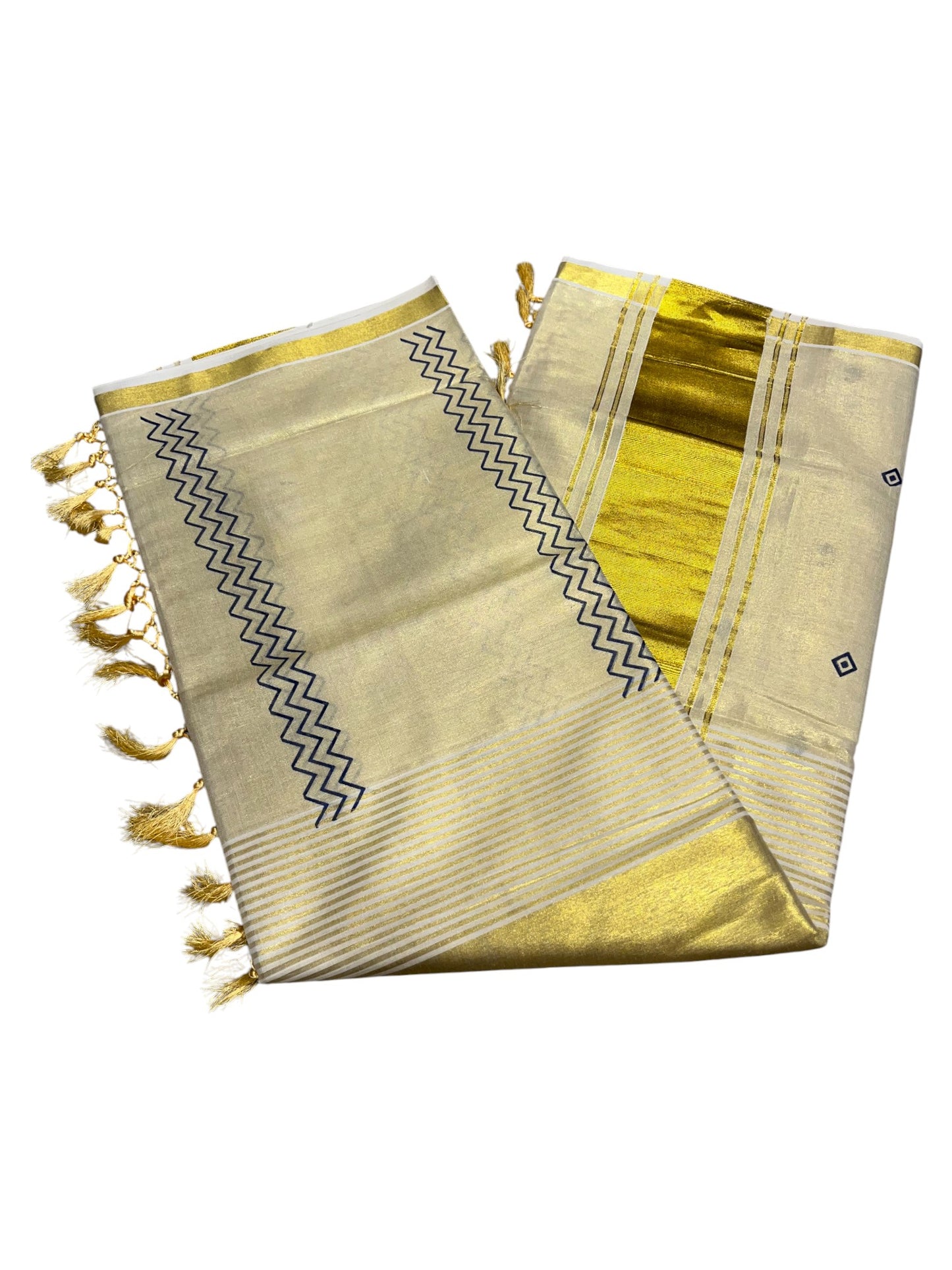 Southloom Kerala Tissue Kasavu Saree Blue Hand Printed