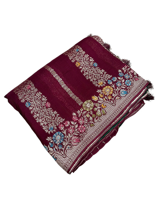 Southloom Banarasi Silk Saree with Woven Work on Body and Borders (Green & Purple)