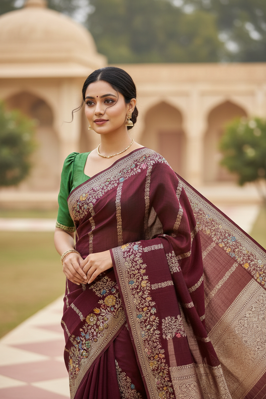 Southloom Banarasi Silk Saree with Woven Work on Body and Borders (Green & Purple)