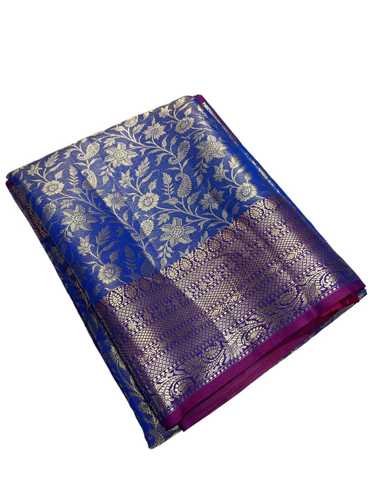 Southloom Semi Banarasi Katan Tissue Saree with Woven Work on Body and Borders (Magenta & Blue)