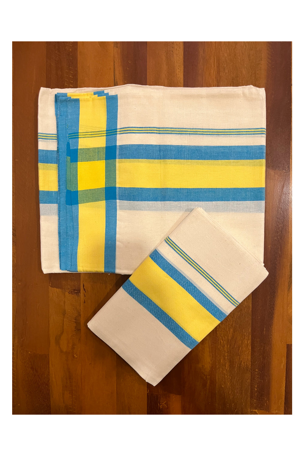 Pure Cotton Mundum Neriyathum Double (Set Mundu) with Blue and Yellow Border