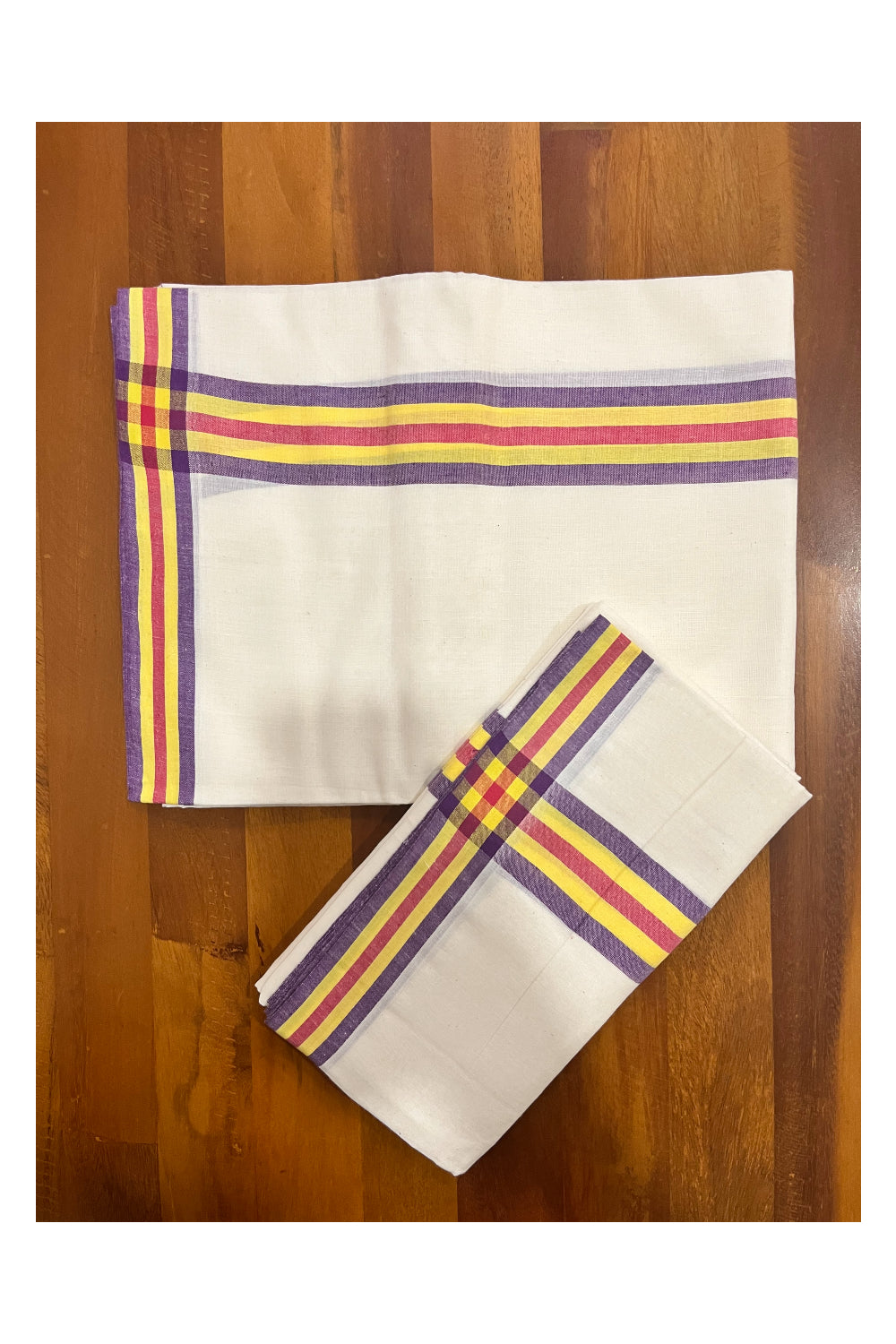 Kerala Mulloth Cotton Single Mundum Neriyathum with Violet Yellow Red Border 2.80 Mtrs (Extra Soft Cotton)