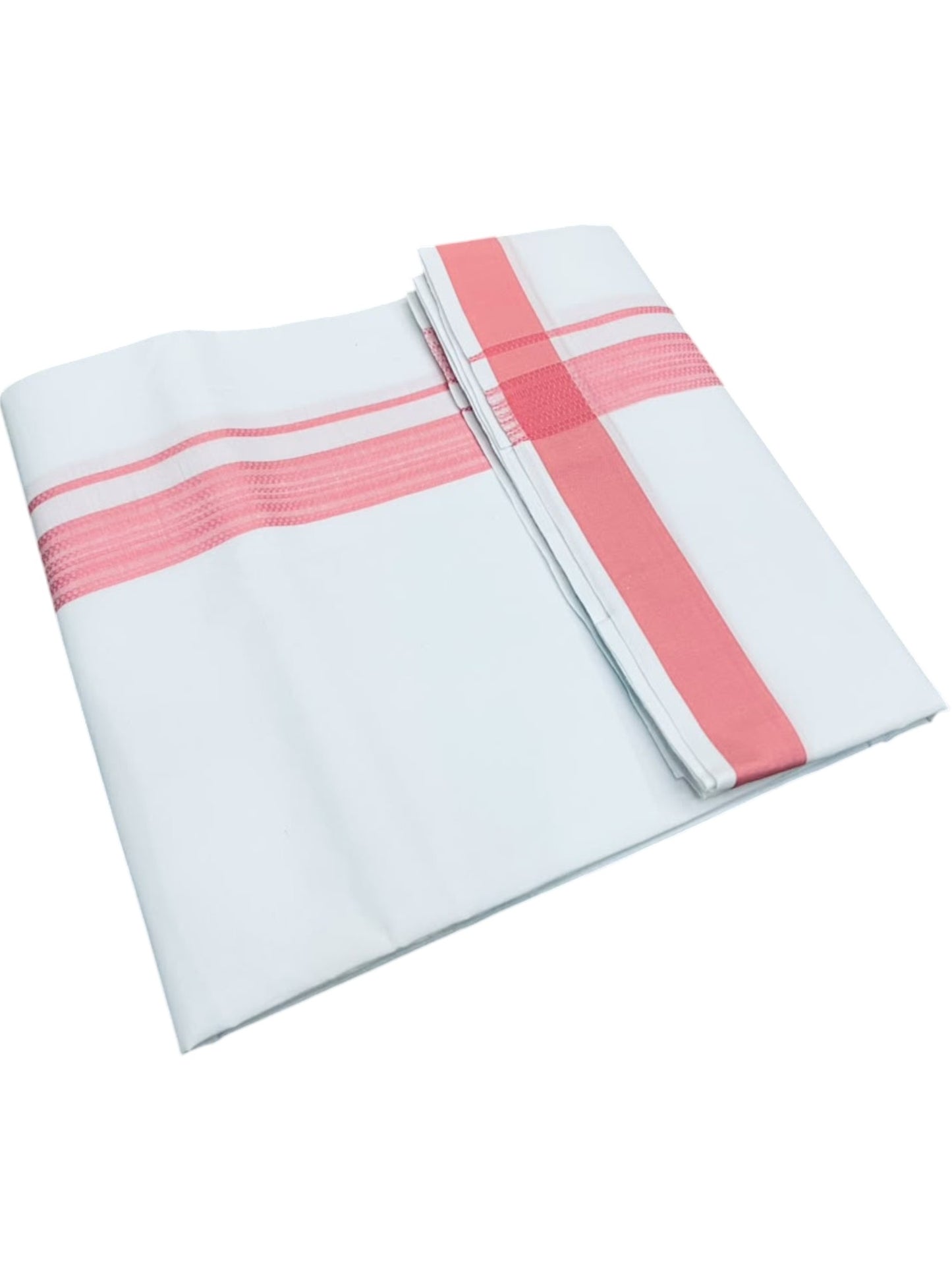 Southloom Pure White Single Cotton Mundu with Pink Border (South Indian Kerala Dhoti)
