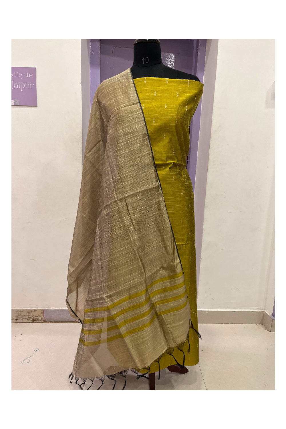 Southloom™ Cotton Mustard Yellow Churidar Salwar Suit Material with Grey Duppatta