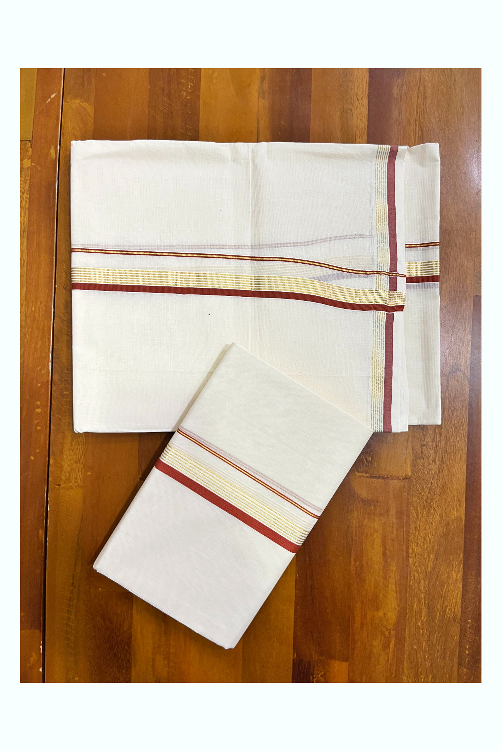 Kerala Pure Cotton Single Set Mundu (Mundum Neriyathum) with Brick Red and Kasavu Border - 2.80Mtrs (Onam 2024 Collection)