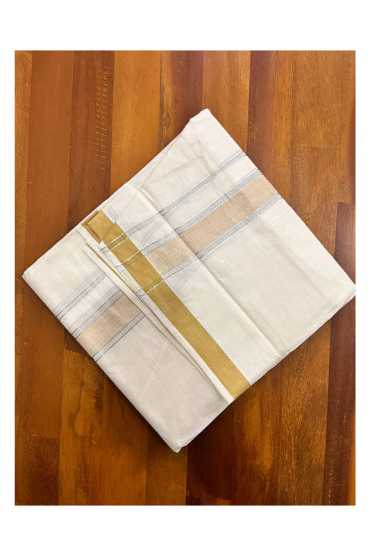 Pure Cotton Kerala Double Mundu with Silver Kasavu and Yellow Border (South Indian Kerala Dhoti)