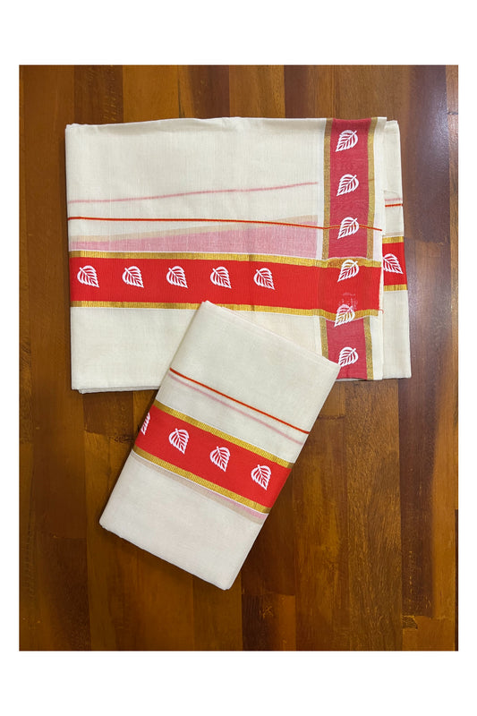 Kerala Cotton Single Set Mundu (Mundum Neriyathum) with Leaf Block Prints on Red and Kasavu Border - 2.60Mtrs