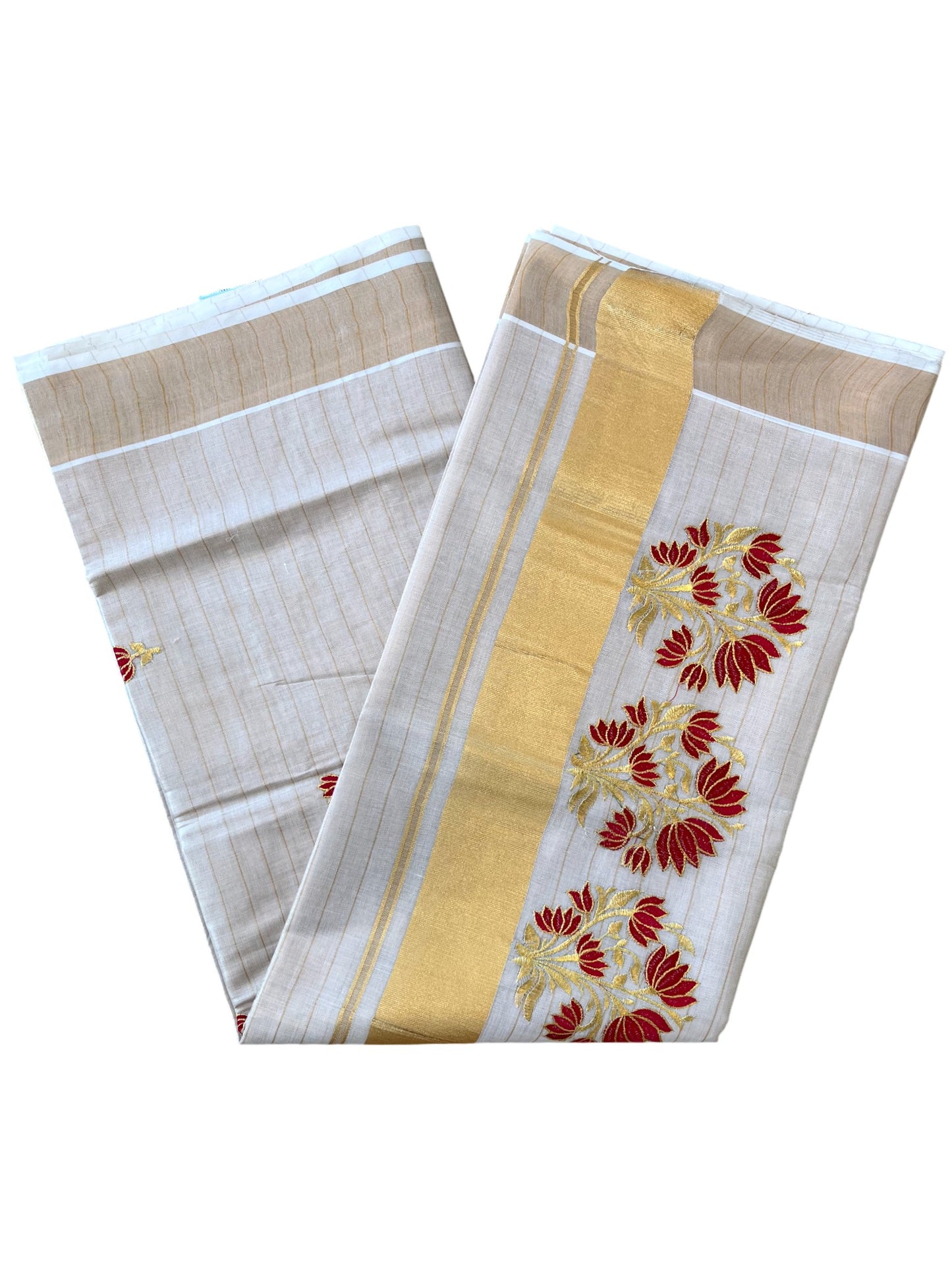 Southloom Kerala Tissue Stripes Kasavu Saree Red Floral Embroidery Design