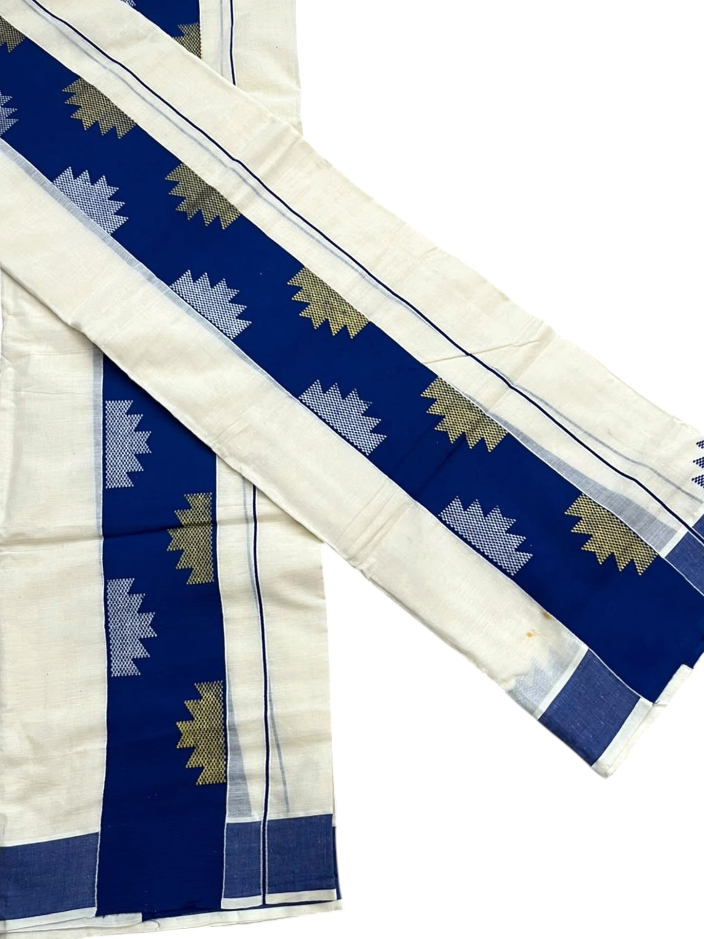 Southloom Pure Cotton Single Set Mundu (Mundum Neriyathum) Temple Design & Blue Border 2.80 Mtrs