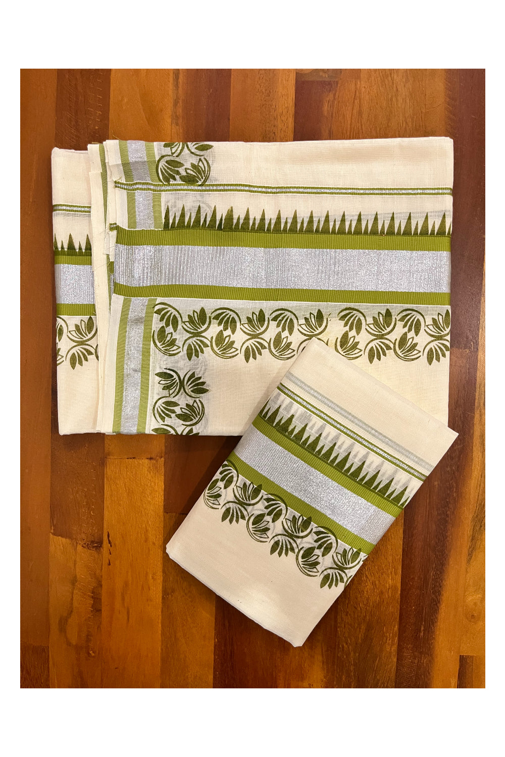 Kerala Pure Cotton Set Mundu Single (Mundum Neriyathum) with Olive Green Floral Temple Block Prints on Silver Kasavu Border