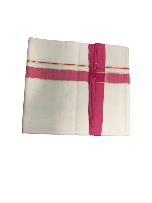 Southloom Premium Handloom Cotton Double Mundu with Pink And Kasavu Border