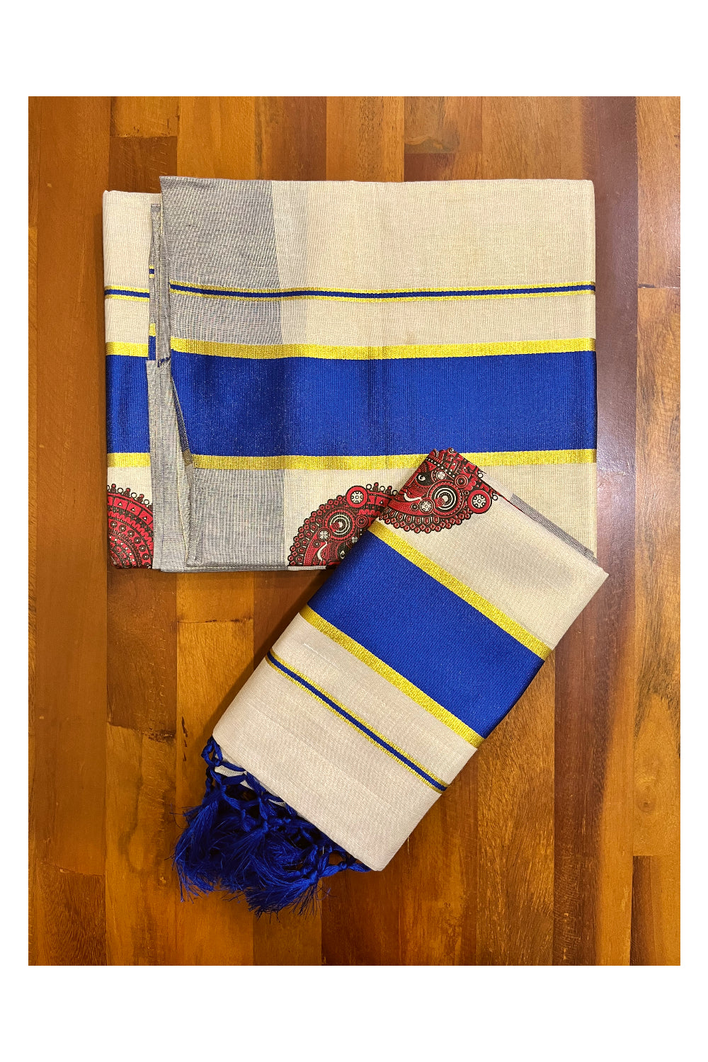 Kerala Tissue Single Set Mundu (Mundum Neriyathum) with Theyyam Block Prints and Blue Border