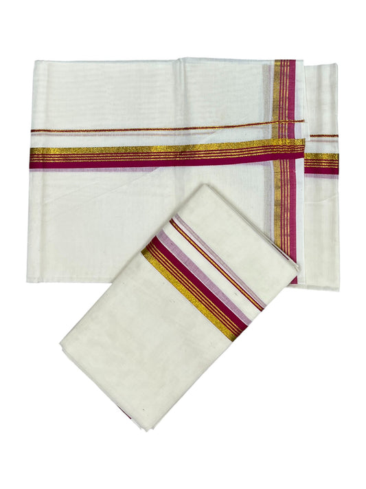 Pure Cotton Kerala Single Set Mundu (Mundum Neriyathum) with Magenta Kasavu Border