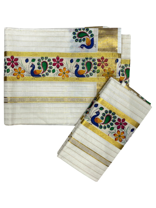 Southloom Cotton Lines Single Set Mundu (Mundu Neriyathum)Peacock Digital Print With Gold Border Kasavu in 2.80 Mtrs