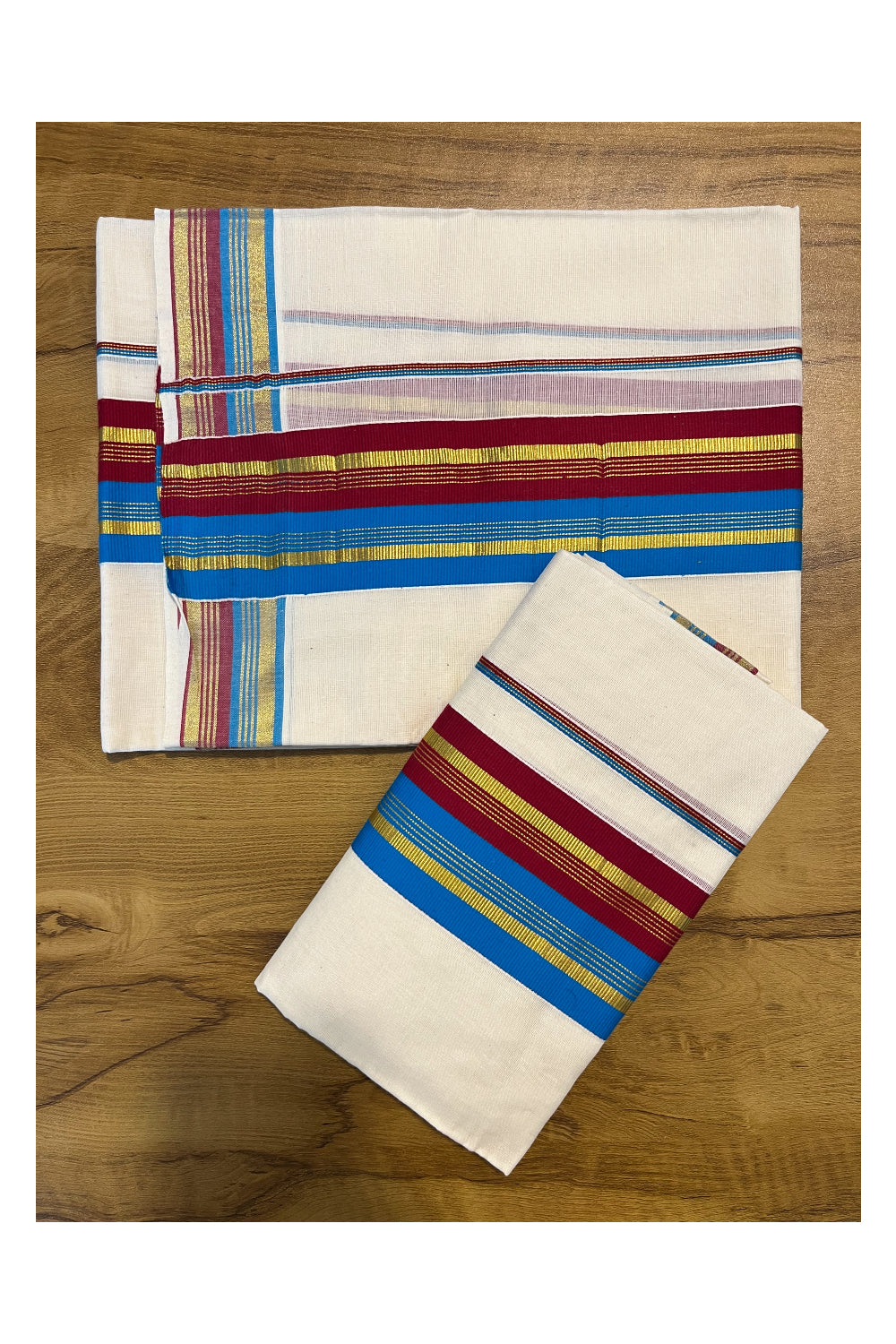 Kerala Cotton Kasavu Set Mundu (Mundum Neriyathum) with Maroon and Blue Border 2.80 Mtrs