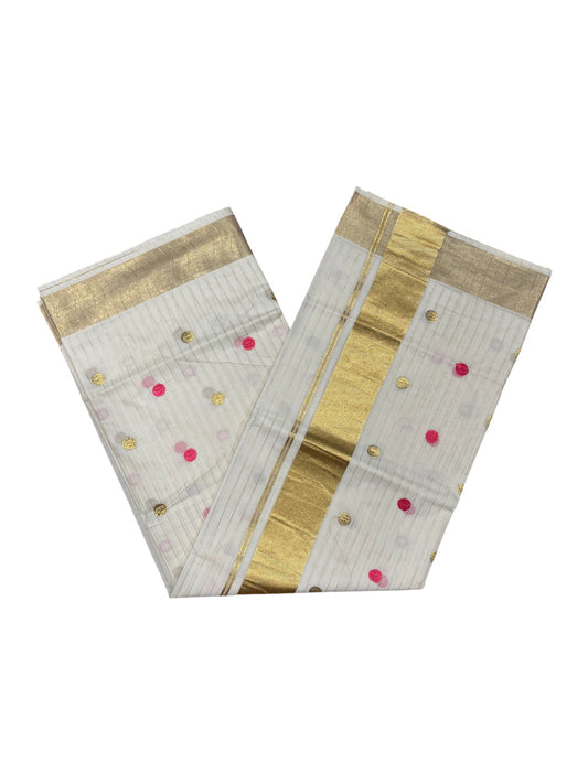Southloom Kerala Pure Cotton Saree with Gold&Pink Polka Embroidery Works on Body