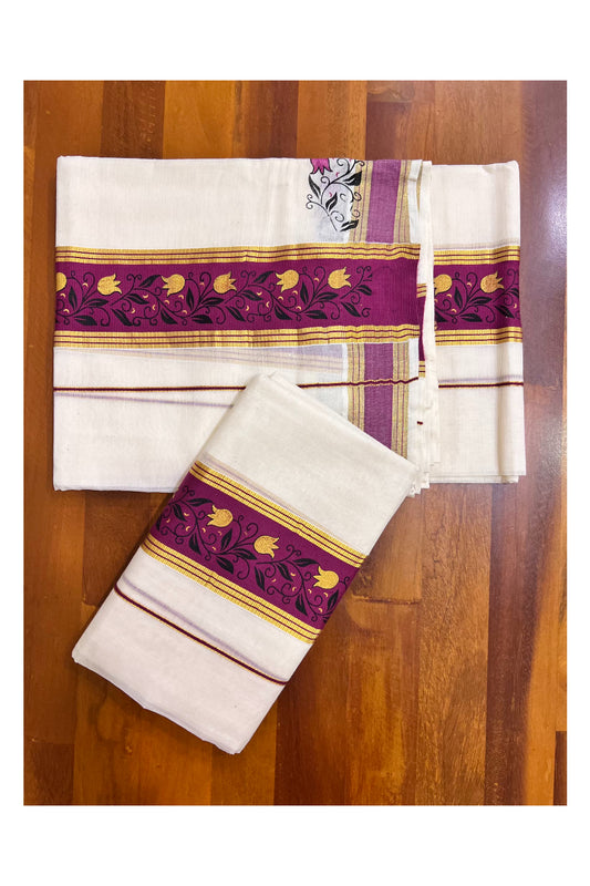 Kerala Pure Cotton Set Mundu Single (Mundum Neriyathum) with Floral Block Prints on Magenta and Kasavu Border  - 2.80Mtrs (Vishu 2024 Collection)
