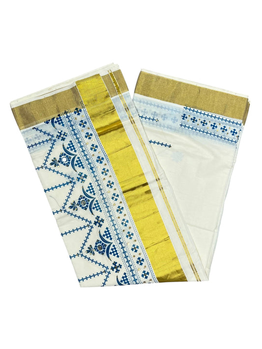 Southloom Pure Cotton Kerala Kasavu Saree with Blue Embroidery Designs