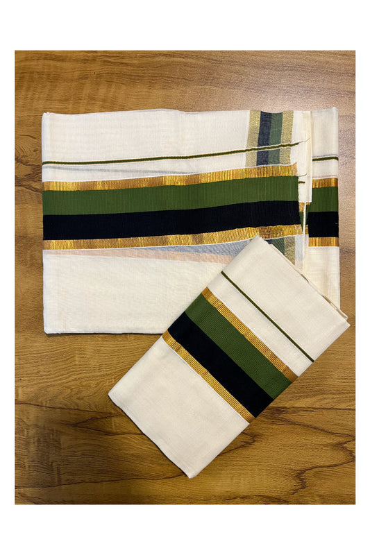 Kerala Cotton Kasavu Set Mundu (Mundum Neriyathum) with Olive Green and Black Border