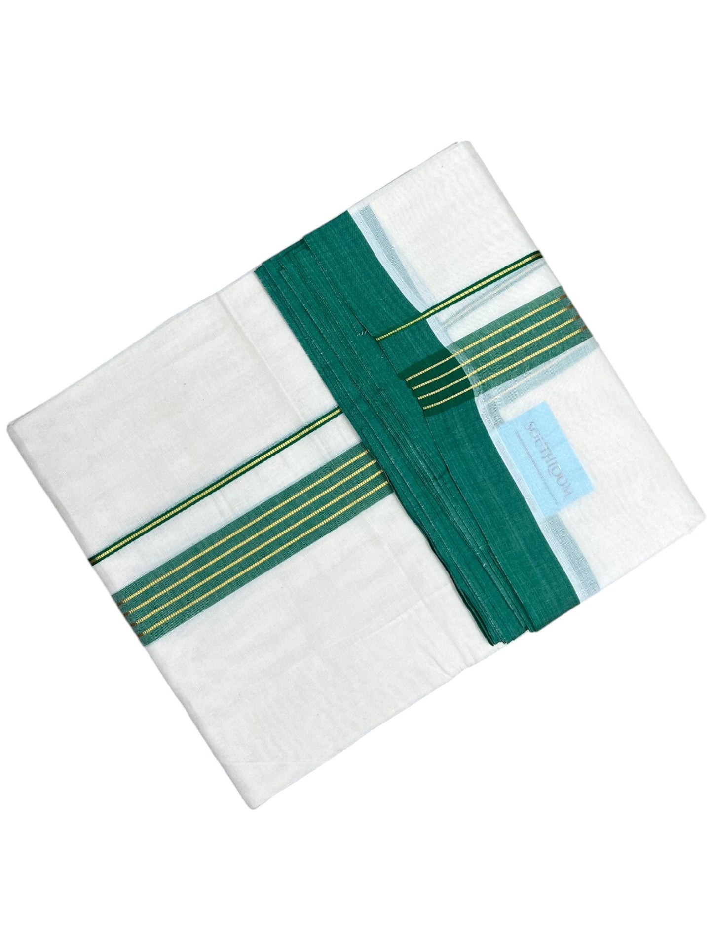 Southloom Pure Cotton Mundu with Gold Lines and Green Border (South Indian Kerala Dhoti)