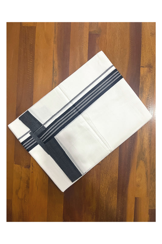 Pure White Cotton Double Mundu with Black Lines Border (South Indian Kerala Dhoti)