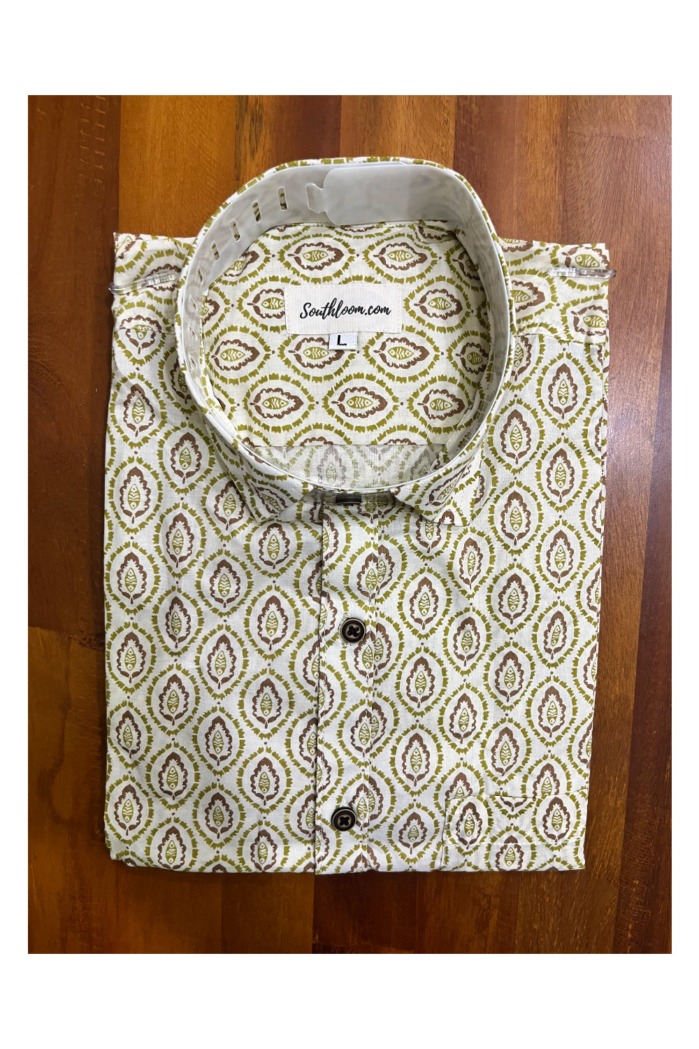 Southloom Jaipur Cotton Hand Block Printed White  and light Brown Shirt (Full Sleeves)