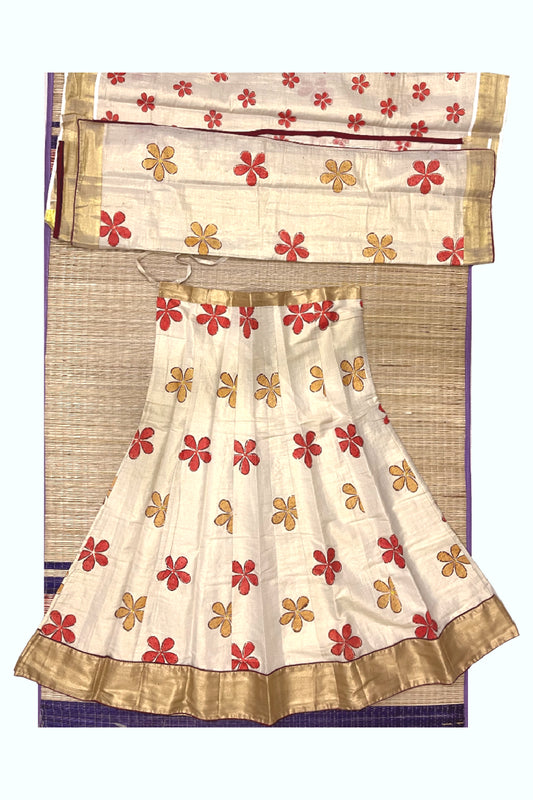 Southloom Semi Stitched Premium Tissue Dhavani Set with Orange Brown Floral Sequence Designs on Body and Maroon Piping Works