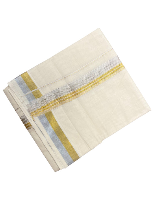 Southloom Kerala Pure Cotton Double Mundu with Silver and Gold Border (South Indian Dhoti)