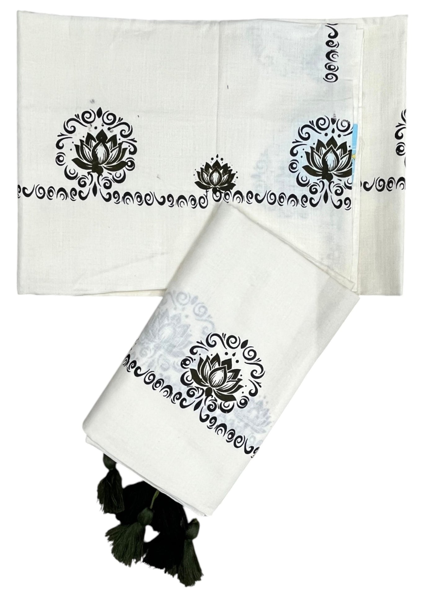 Southloom Kerala Cotton Single Set Mundu (Mundum Neriyathum) with OliveGreen &Black Lotus Block Printed Design