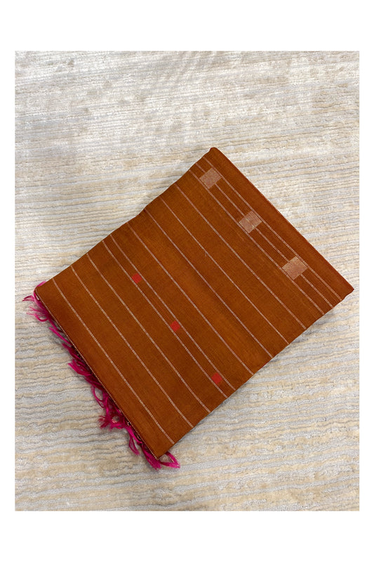 Southloom Pure Handloom Cotton Silk Saree With Handwoven Work Across Body and Blouse in Brown And Pink
