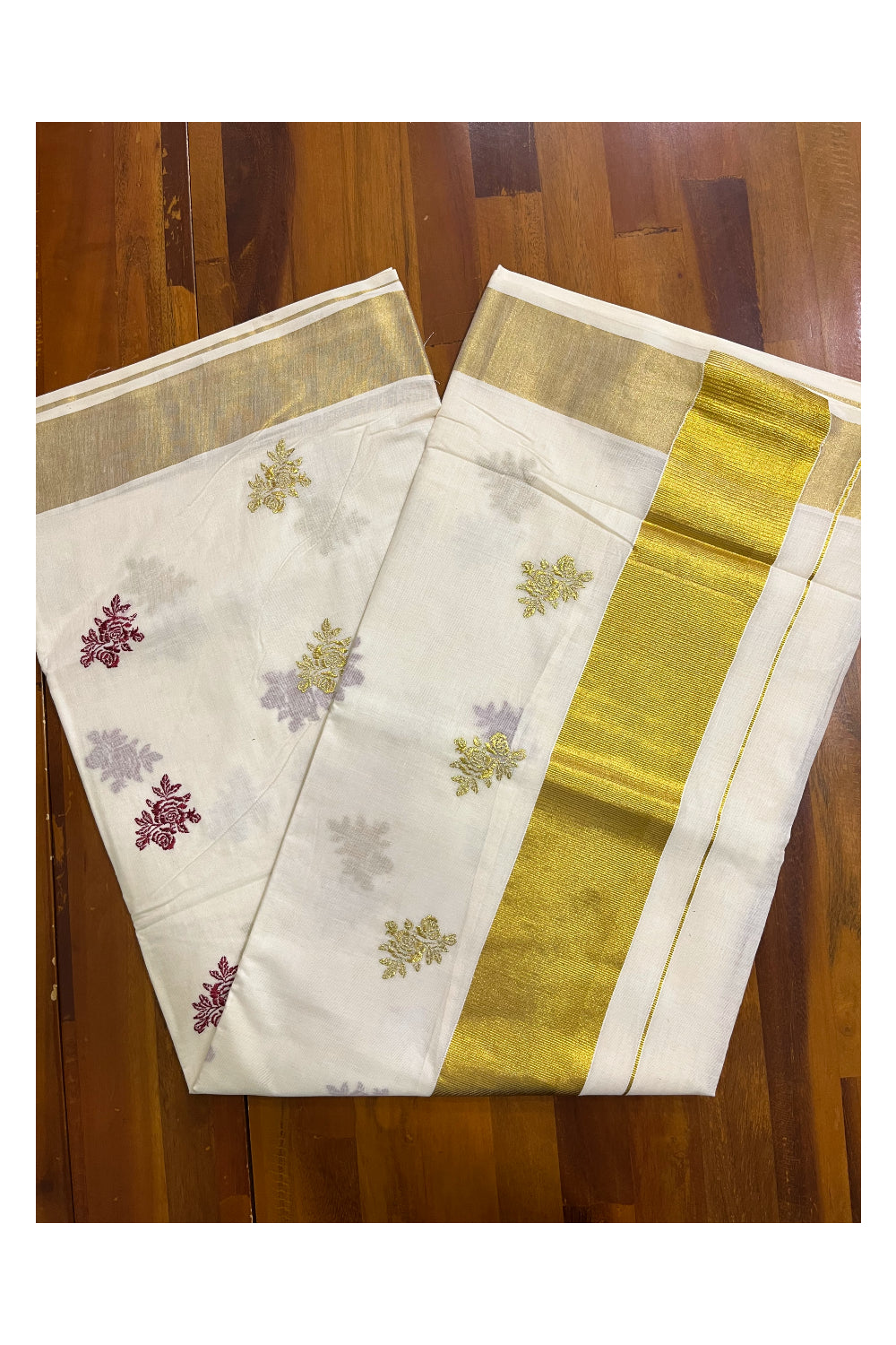 Kerala Cotton Kasavu Saree with Floral Embroidery Works