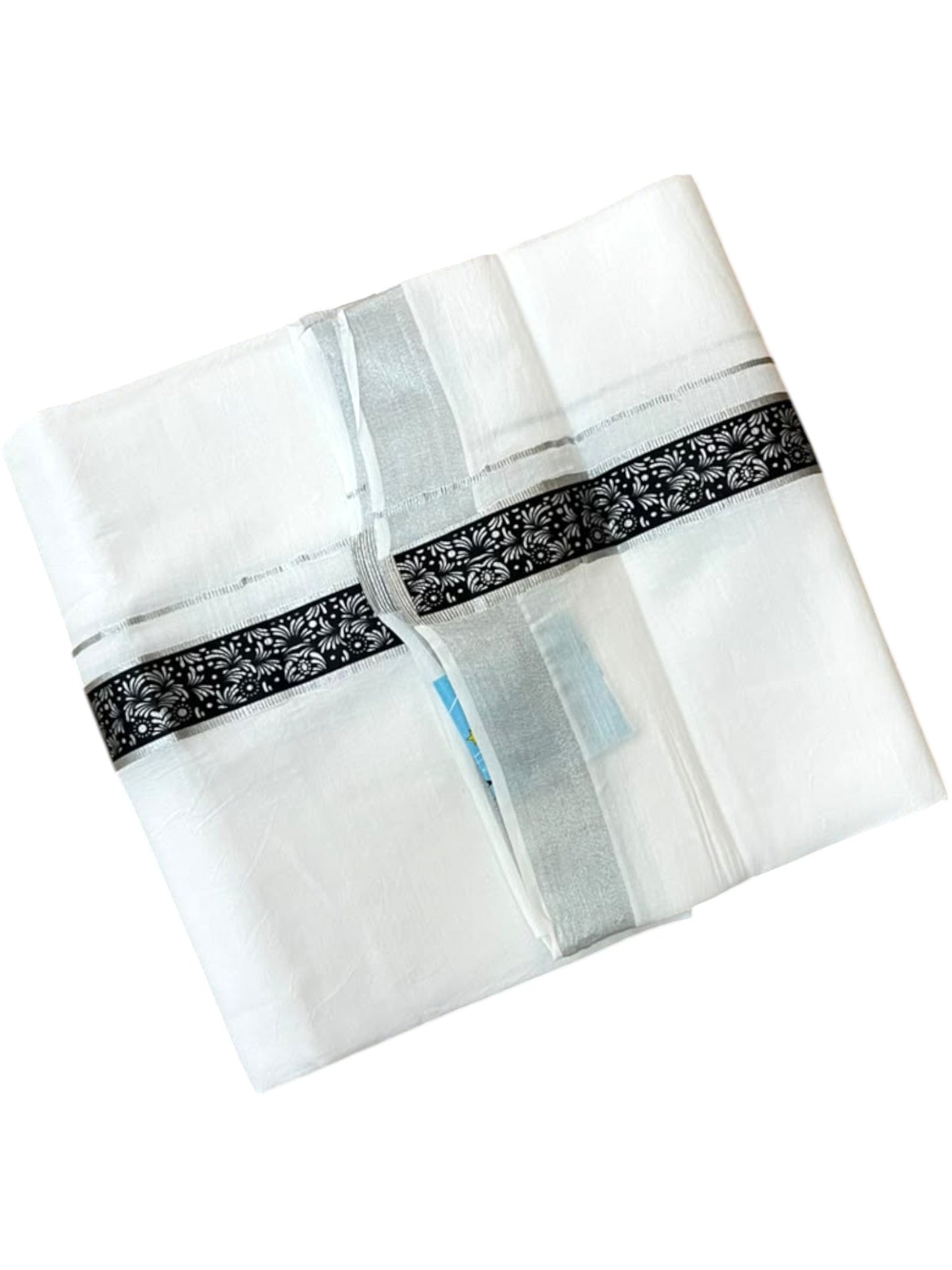 Southloom Pure White Cotton Mundu with Black and Silver Kasavu Border (South Indian Kerala Dhoti)