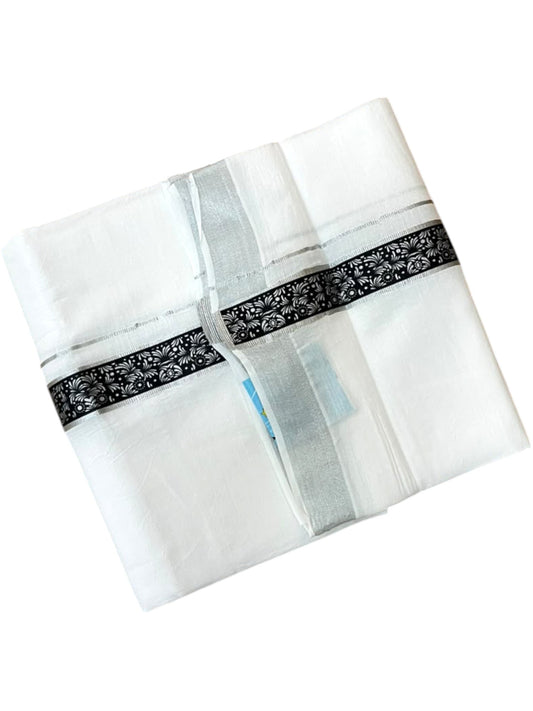 Southloom Pure White Cotton Mundu with Black and Silver Kasavu Border (South Indian Kerala Dhoti)