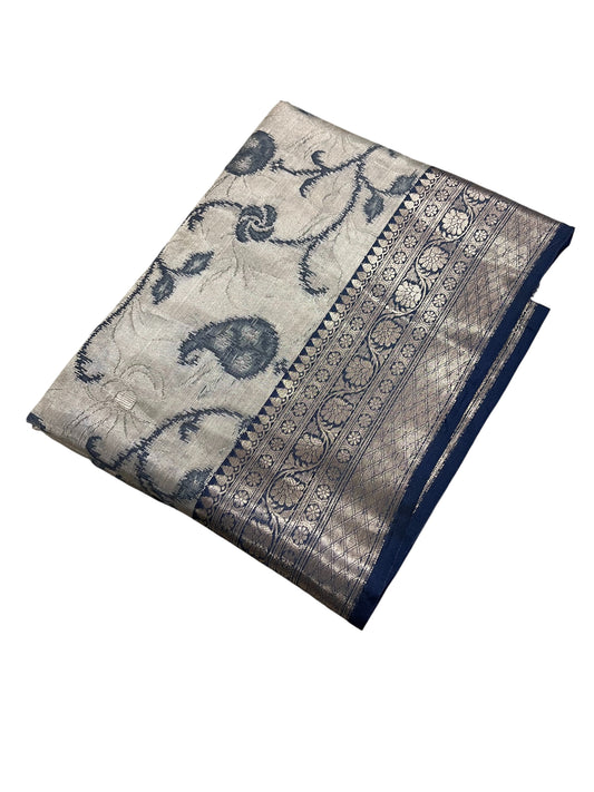 Southloom Tissue Silk Saree with Woven Work on Body and Borders (Grey & Blue)