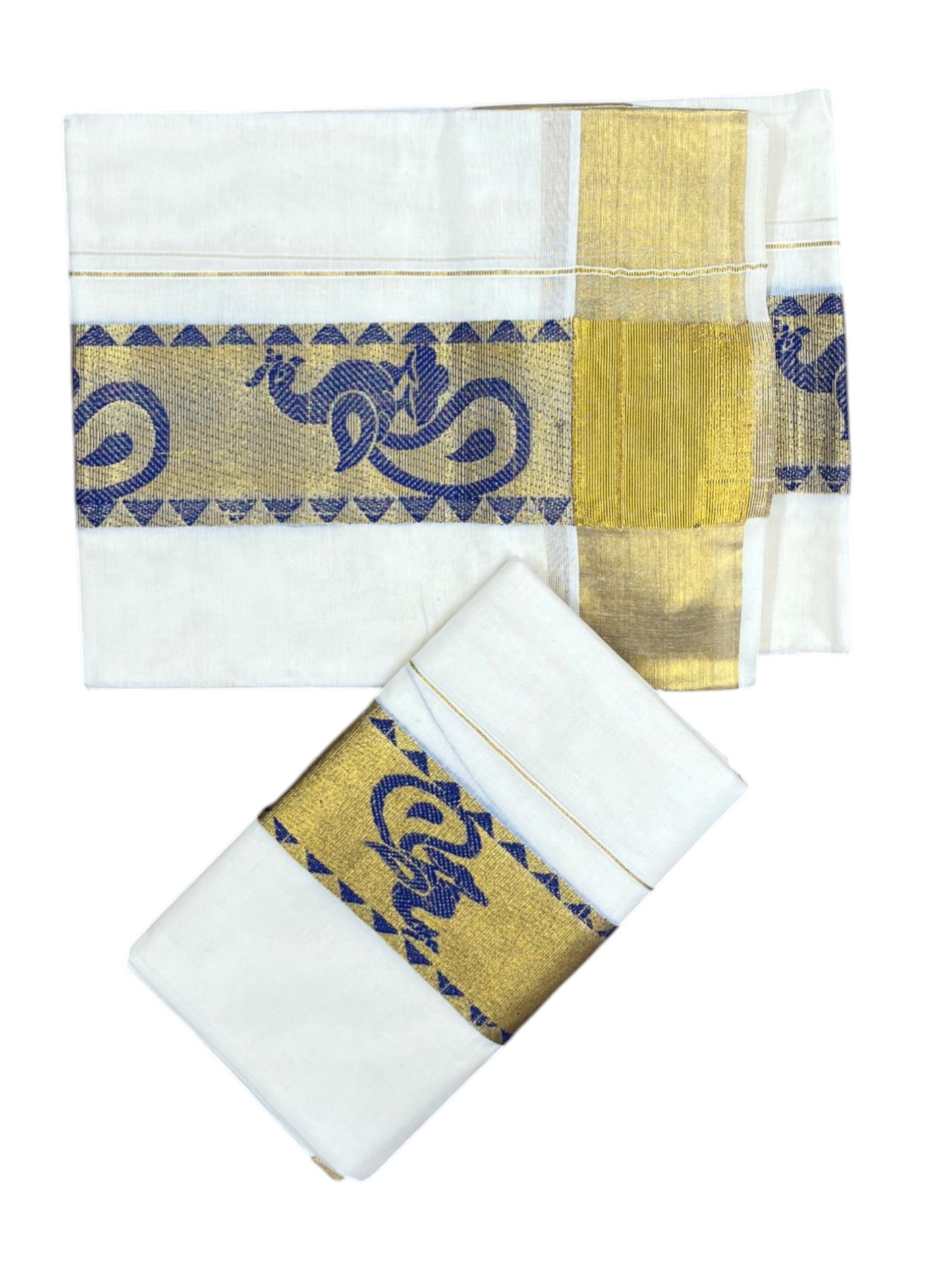 Kerala Pure Cotton  Set Mundu (Mundum Neriyathum) with Blue Block Prints on Kasavu Border-2.80Mtrs
