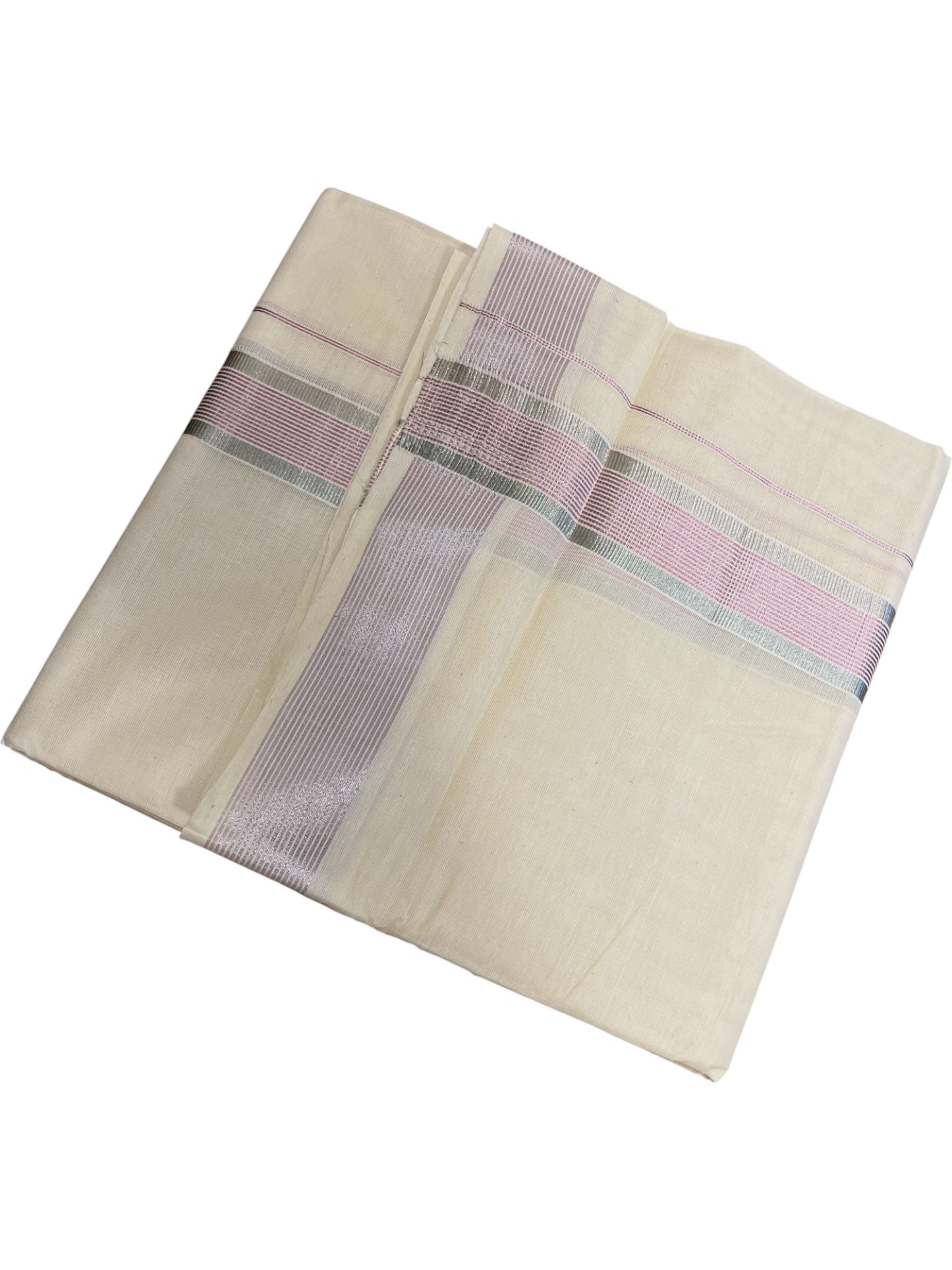 Kerala Cotton Double Mundu with Silver  And Rose Copper Border  (South Indian Dhoti)