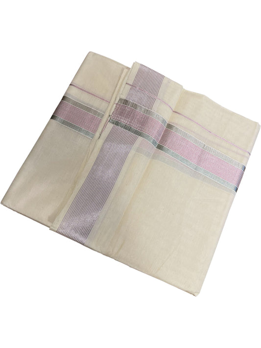 Kerala Cotton Double Mundu with Silver And Rose Copper Border (South Indian Dhoti)