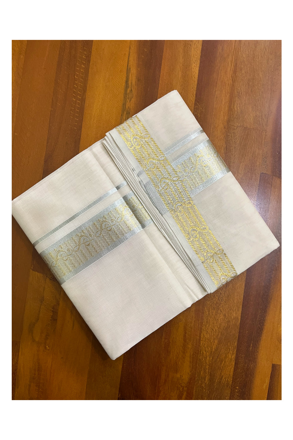 Southloom Premium Balaramapuram Unakkupaavu Handloom Mundu with Silver and Golden Kasavu Design Border (South Indian Kerala Dhoti)