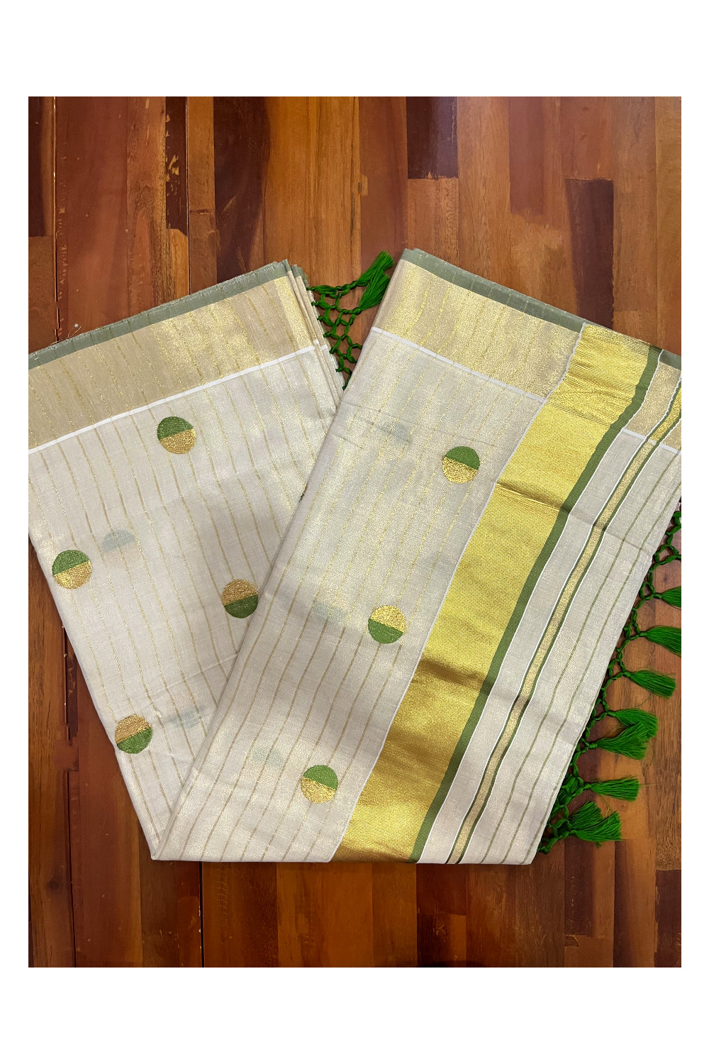 Kerala Tissue Kasavu Saree with Kasavu Lines Across Body and Olive Green Semi Polka Woven Designs