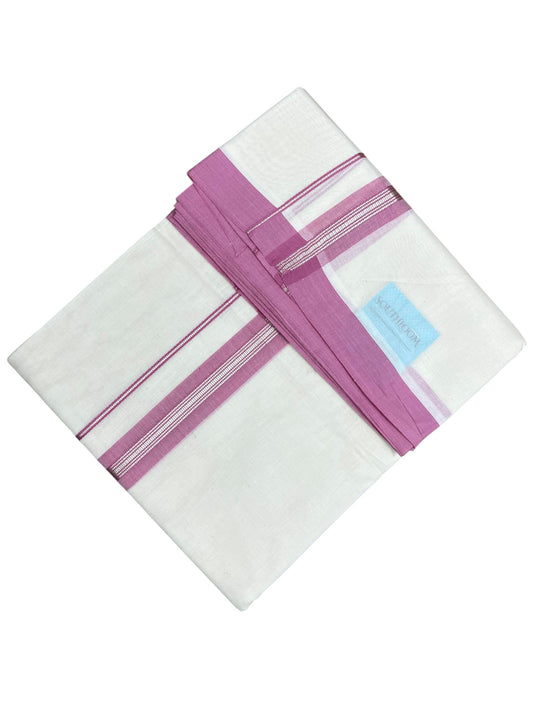 Southloom Pure Cotton Mundu with Silver Lines and Pink Border (South Indian Kerala Dhoti)