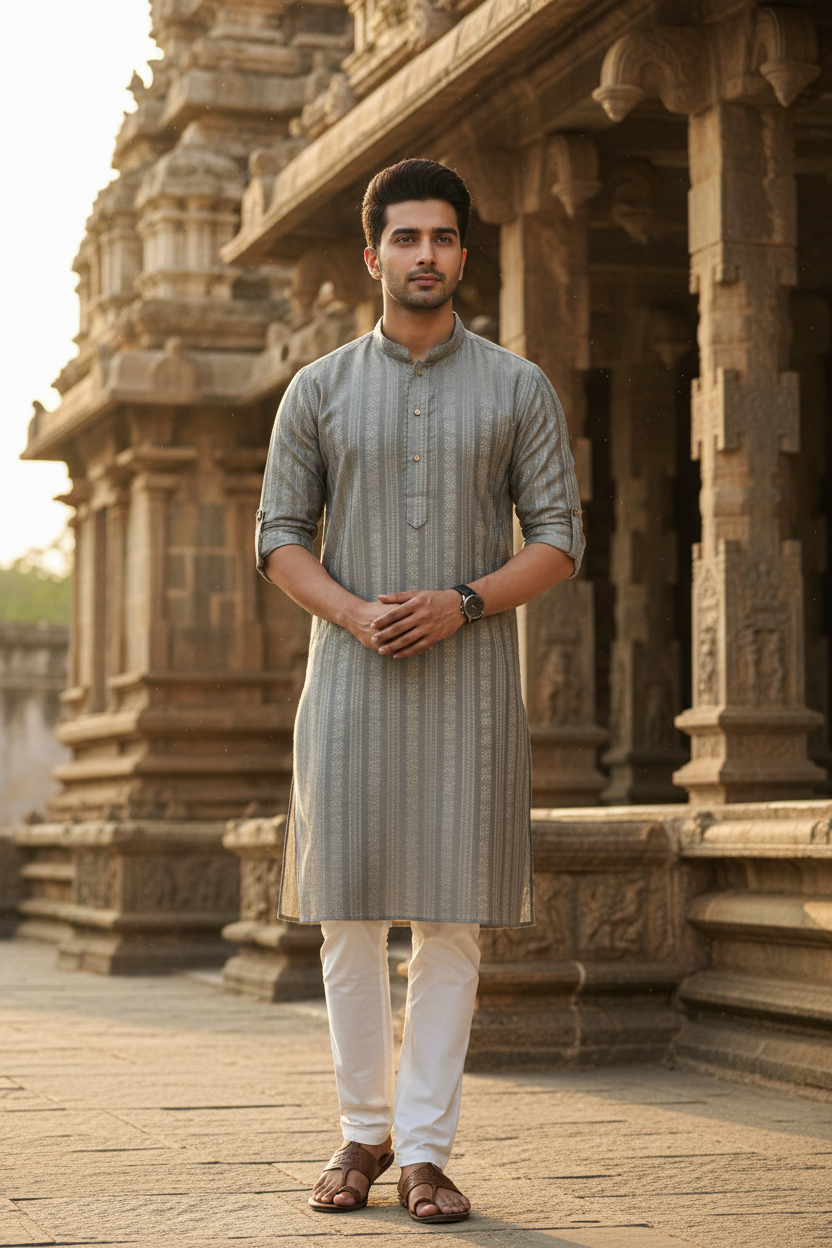 Southloom Semi Silk Short Kurta for Men in Grey Colour