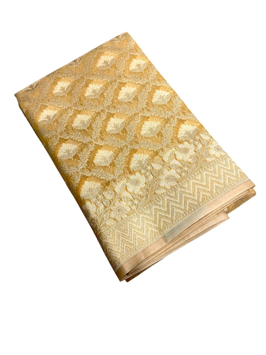 Southloom Cotton Banarasi Silk Saree with Woven Work on Body and Borders (Yellow)