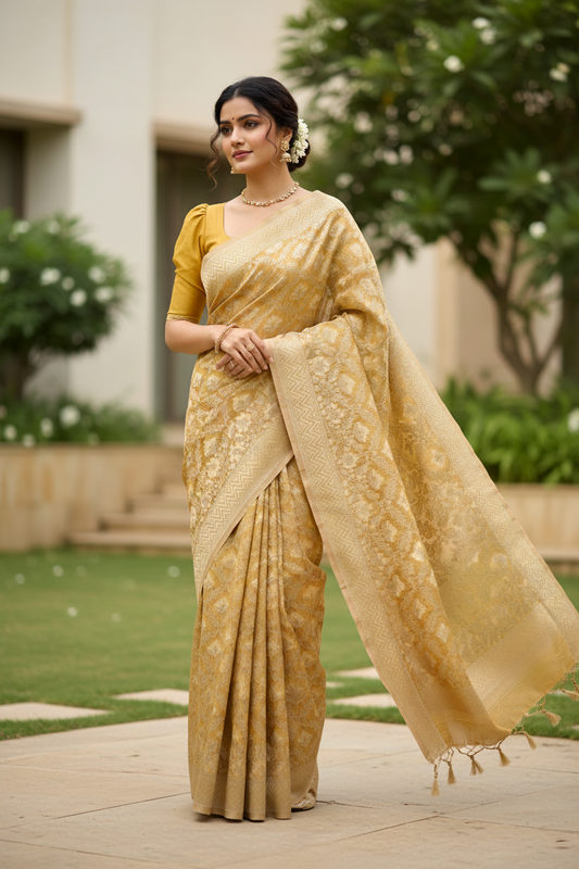 Southloom Cotton Banarasi Silk Saree with Woven Work on Body and Borders (Yellow)