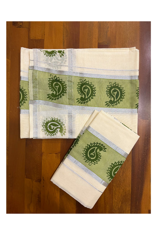Kerala Cotton Set Mundu Single (Mundum Neriyathum) with Block Prints on Silver Kasavu and Olive Green Border