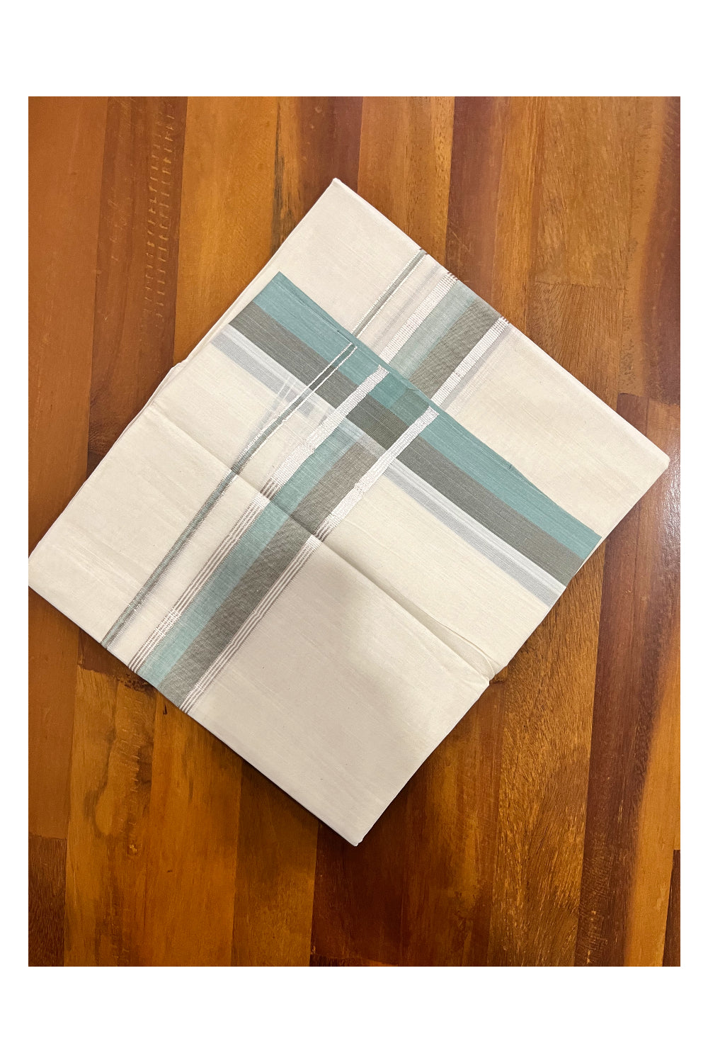 Kerala Pure Cotton Double Mundu with Turquoise Grey and Silver Kasavu Border (South Indian Kerala Dhoti)