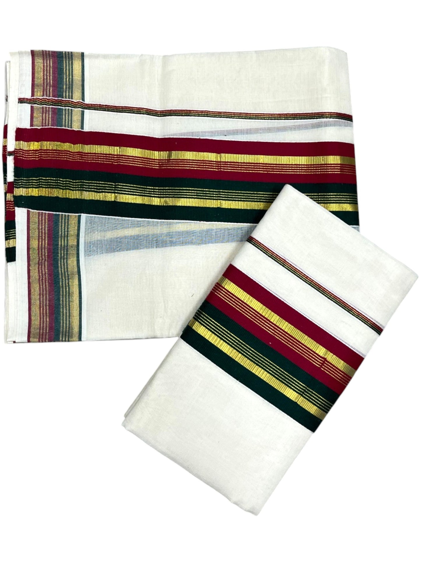 Southloom Kerala Cotton Kasavu Single Set Mundu (Mundum Neriyathum) with Green and Maroon Kasavu Border SLKK