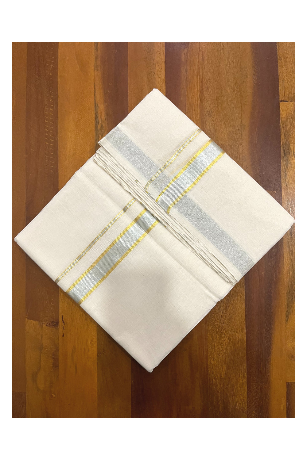 Southloom Premium Balaramapuram Unakkupaavu Wedding Handloom Mundu with Golden and Silver Kasavu Border (South Indian Kerala Dhoti)